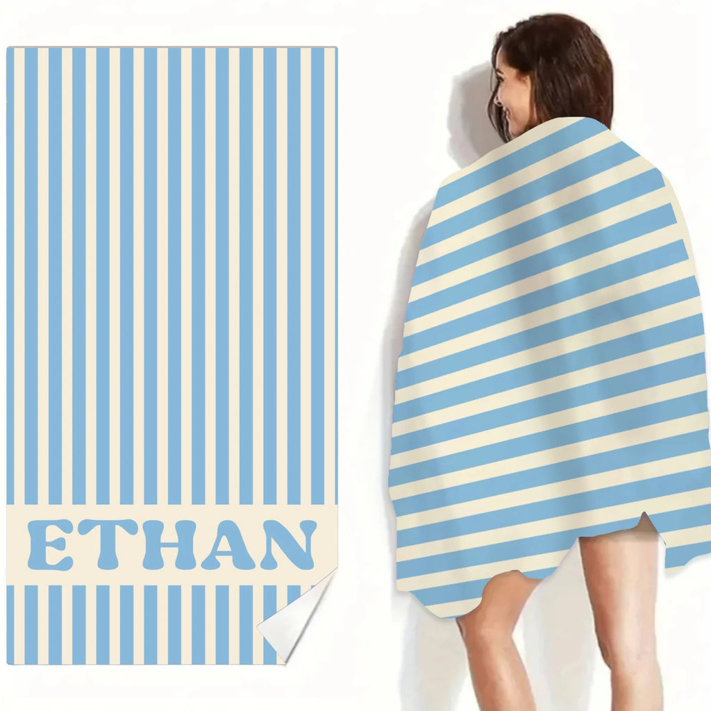 Serviette de Plage Personnalisée Prénom Rayée Microfibre - Absorbante Anti-Sable Cadeau