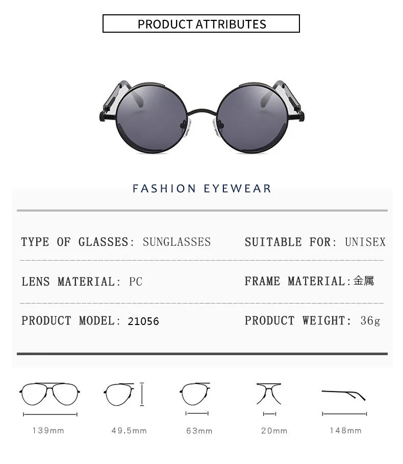 Lunettes de Soleil Steampunk Rétro Gothique - Design Rond Vintage Unisexe
