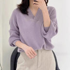 Jersey de pico 100% cachemir para mujer — Corto, Holgado, de punto, Otoño/Invierno