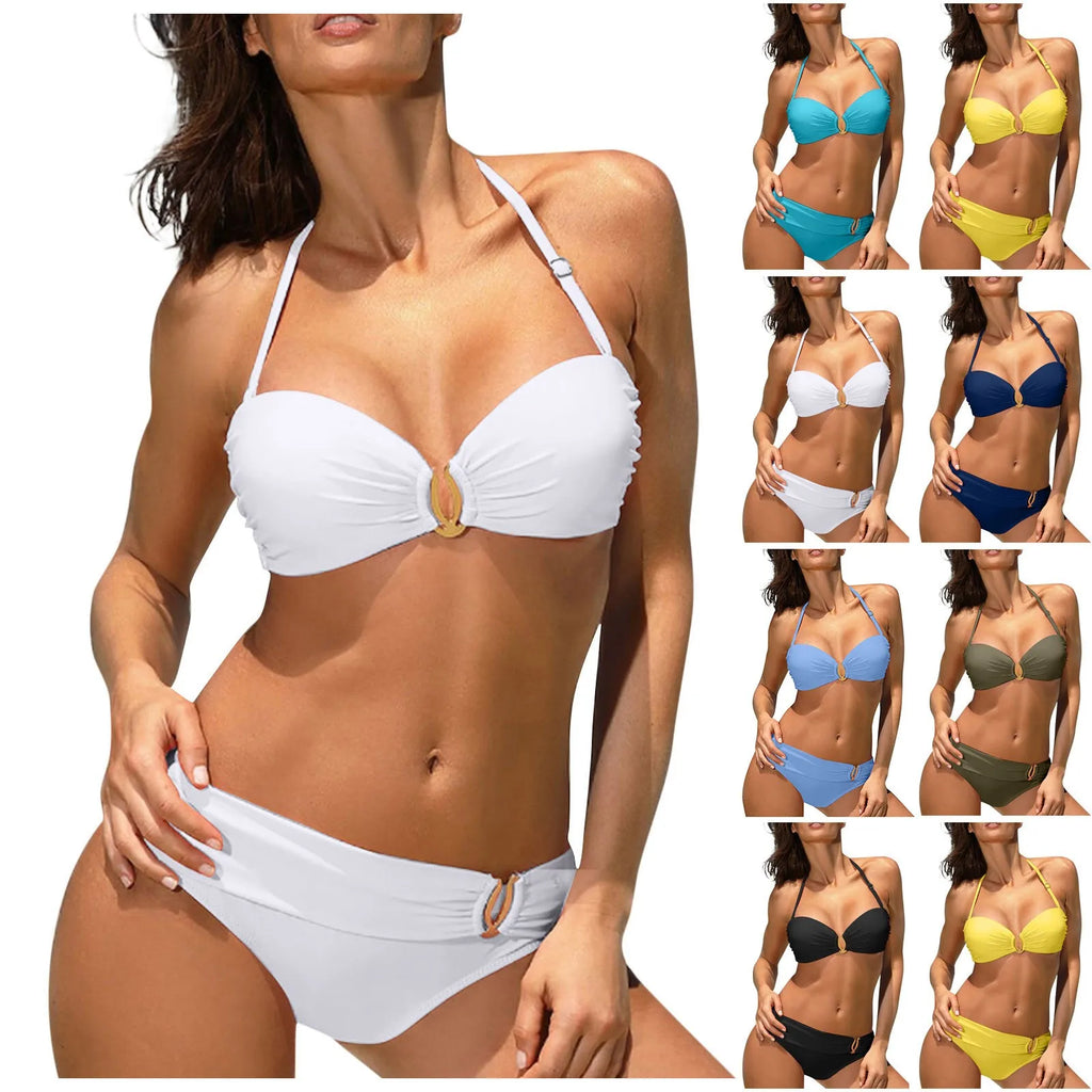 Bikini Femme Sexy Dos Nu Couleur Unie - Maillot de Bain Deux Pièces Col Halter Taille Basse Plage