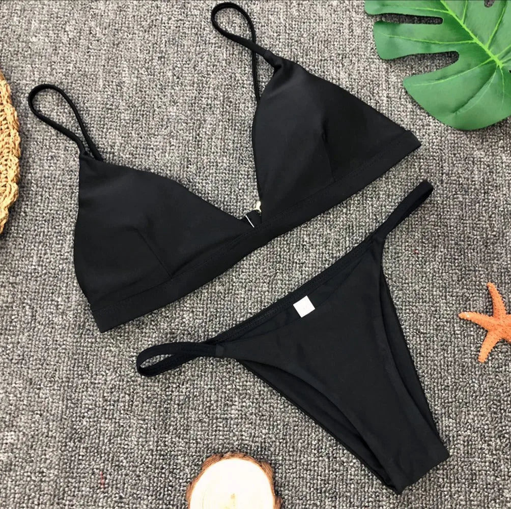 Bikini Femme Couleur Unie Deux Pièces - Maillot de Bain Taille Basse Ajustable
