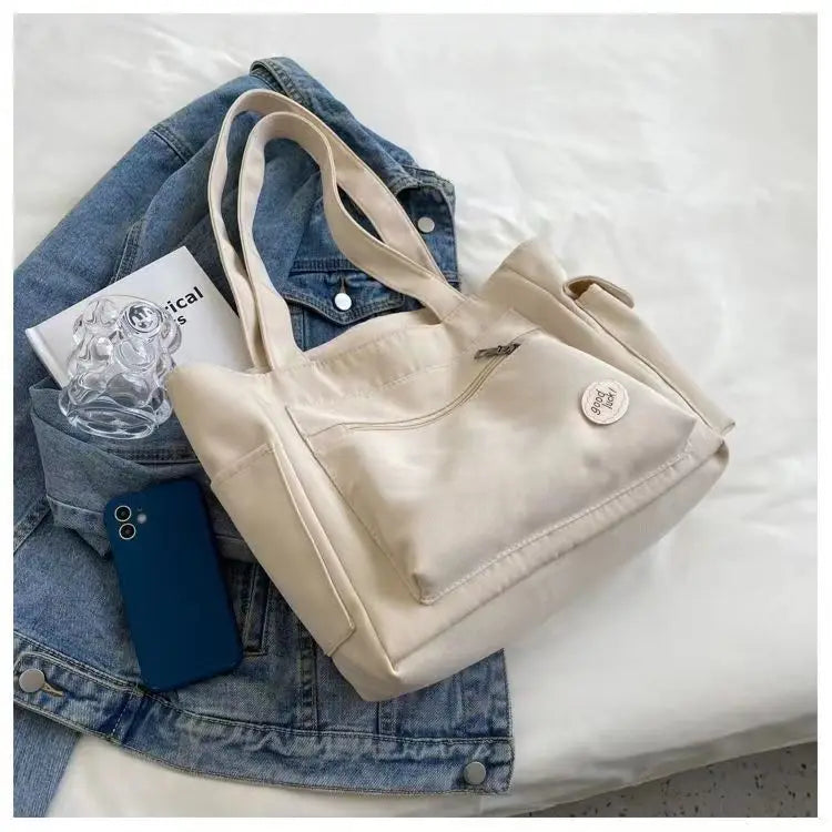 Sac Cabas Toile Femme Beige — Grand Tote Bag Casual Multipoches Broderie & Rivets