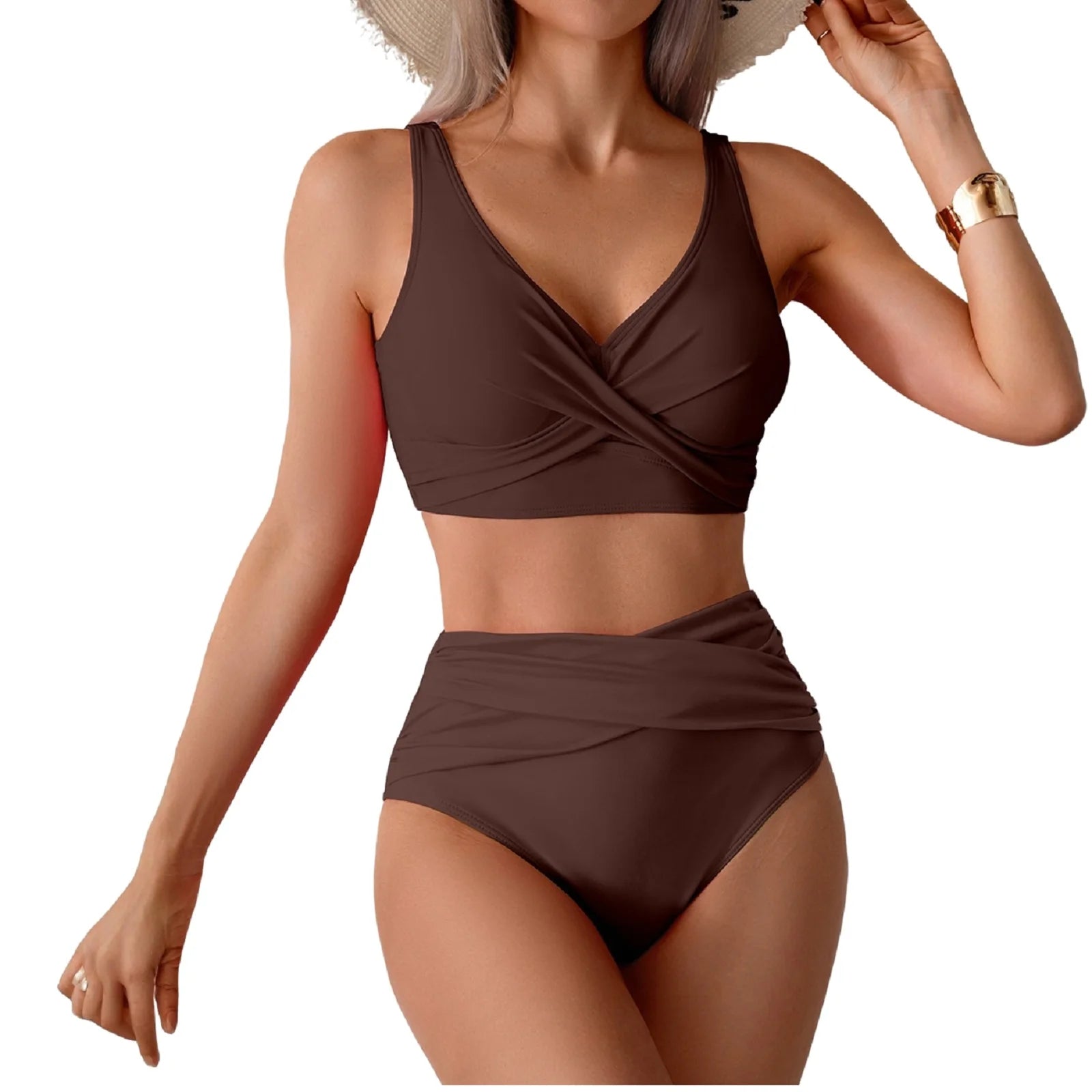 Bikini Femme Taille Haute Sexy Twist Front Froncé - Maillot de Bain Deux Pièces Amincissant Plage
