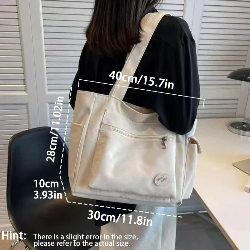Sac Cabas Toile Femme Beige — Grand Tote Bag Casual Multipoches Broderie & Rivets