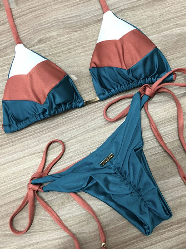 Bikini Sexy Multicolore Push-Up Femme - Maillot de Bain Côtelé Brésilien Deux Pièces
