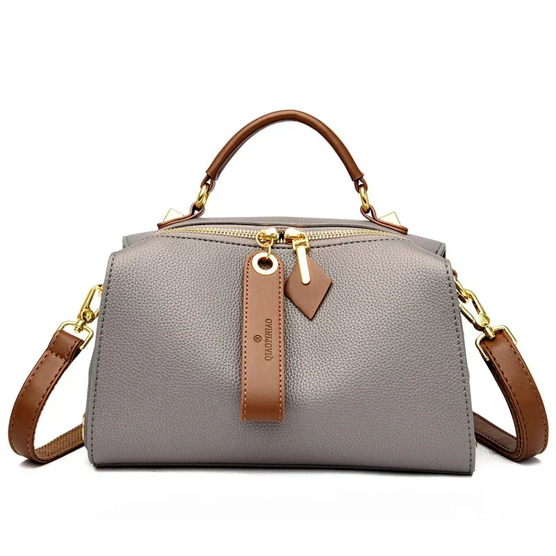 Women's Grey PU Leather Shoulder Bag — Multi-pocket Crossbody Tote Bag 25x15x8 cm