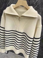Women's Striped Cashmere Turtleneck Sweater — Zippered, Loose Fit, Autumn/Winter