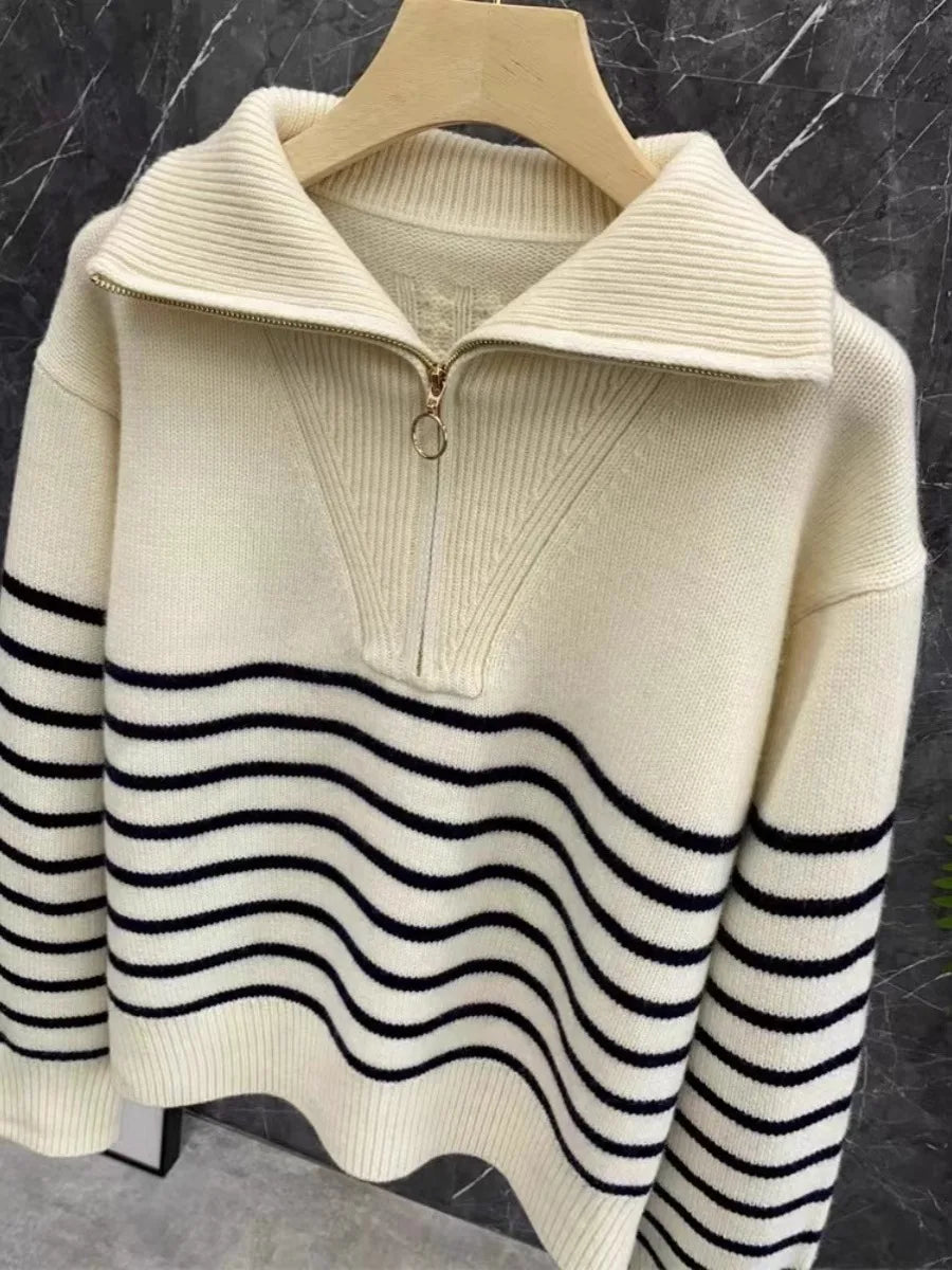Women's Striped Cashmere Turtleneck Sweater — Zippered, Loose Fit, Autumn/Winter