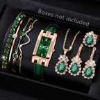 Coffret Bijoux Montre Femme Verte 9 Pièces — Montre Quartz Rectangulaire + Bracelet + Collier + Boucles d'Oreilles