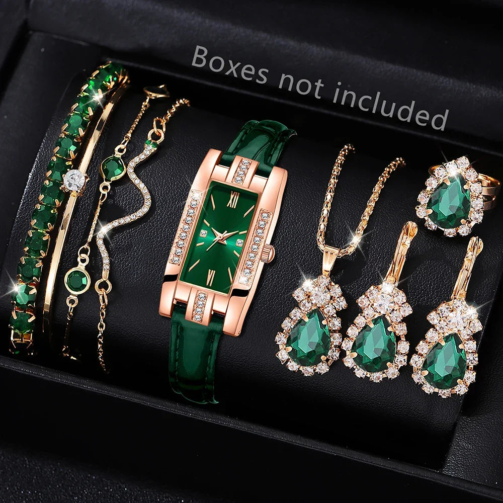 Coffret Bijoux Montre Femme Verte 9 Pièces — Montre Quartz Rectangulaire + Bracelet + Collier + Boucles d'Oreilles