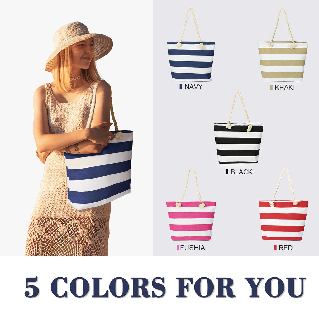 Sac de Plage Tote Canvas Rayé - Grande Capacité Épaule Shopping Femme
