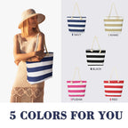 Striped Canvas Tote Beach Bag - Large Capacity Shoulder Shopping Bag for Women