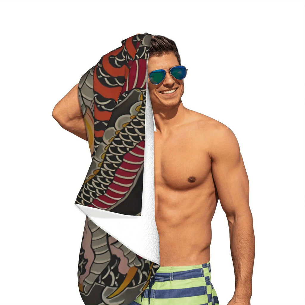 Serviette de Plage Dragon Japonais Microfibre - Séchage Rapide Anti-Sable Piscine Voyage
