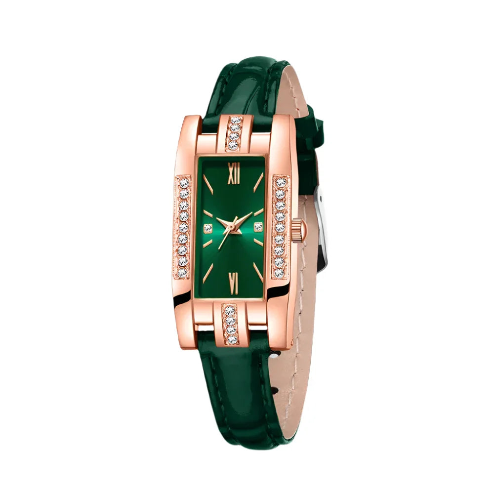 Coffret Bijoux Montre Femme Verte 9 Pièces — Montre Quartz Rectangulaire + Bracelet + Collier + Boucles d'Oreilles