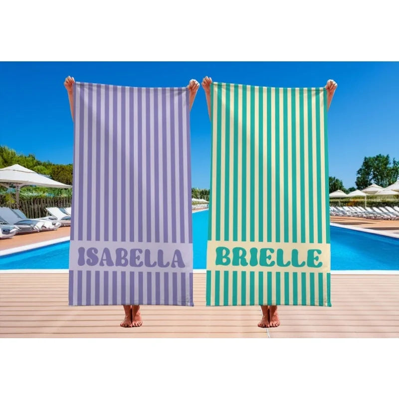 Serviette de Plage Personnalisée Prénom Rayée Microfibre - Absorbante Anti-Sable Cadeau