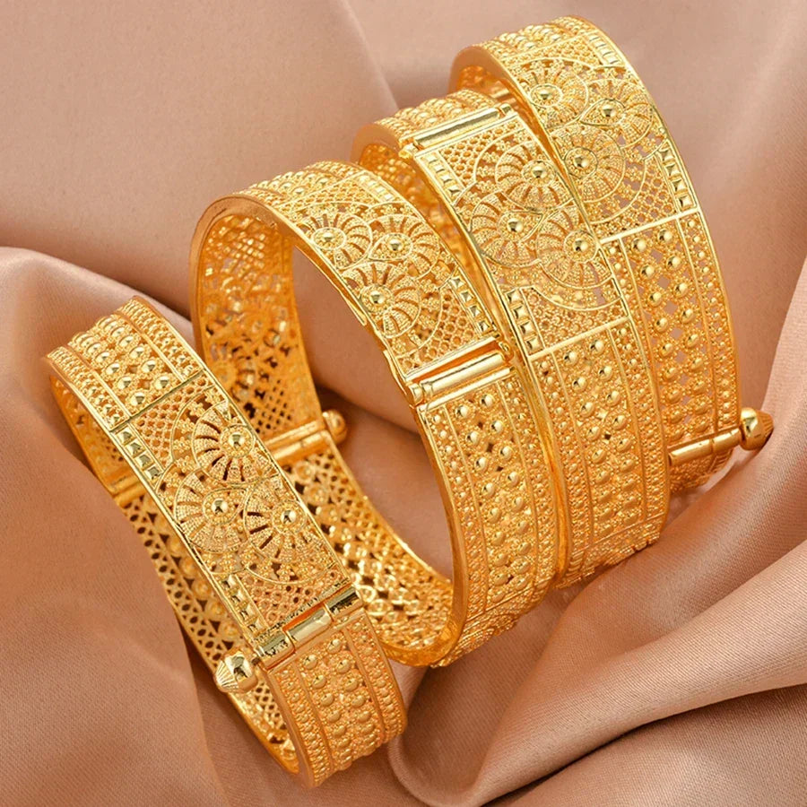 Pulseras Rígidas Doradas Etíopes — Juego de Joyas de Boda para Mujer 4 pzas