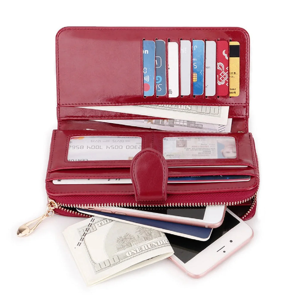 Glossy Waxed Leather Wallet — Long Clutch with FuturaTrend Wrist Strap