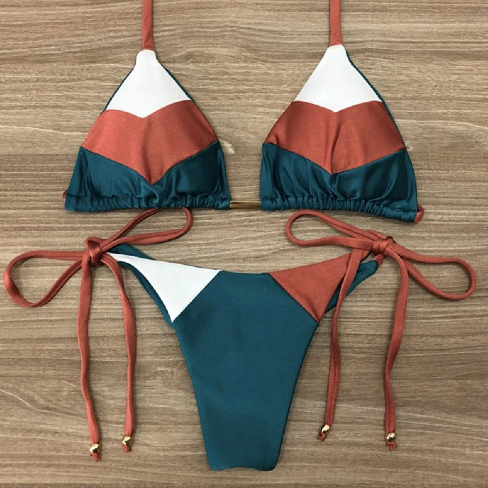 Bikini Sexy Multicolore Push-Up Femme - Maillot de Bain Côtelé Brésilien Deux Pièces