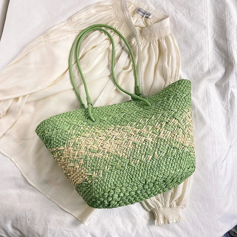 Sac de Plage Paille Tressé Main - Grande Capacité Dégradé Voyage Femme