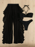 Conjunto de bikini y pareo para mujer con escote halter cruzado - Traje de baño tipo bandeau con pantalones con volantes