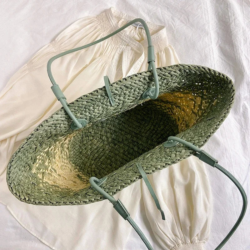 Sac de Plage Paille Tressé Main - Grande Capacité Dégradé Voyage Femme