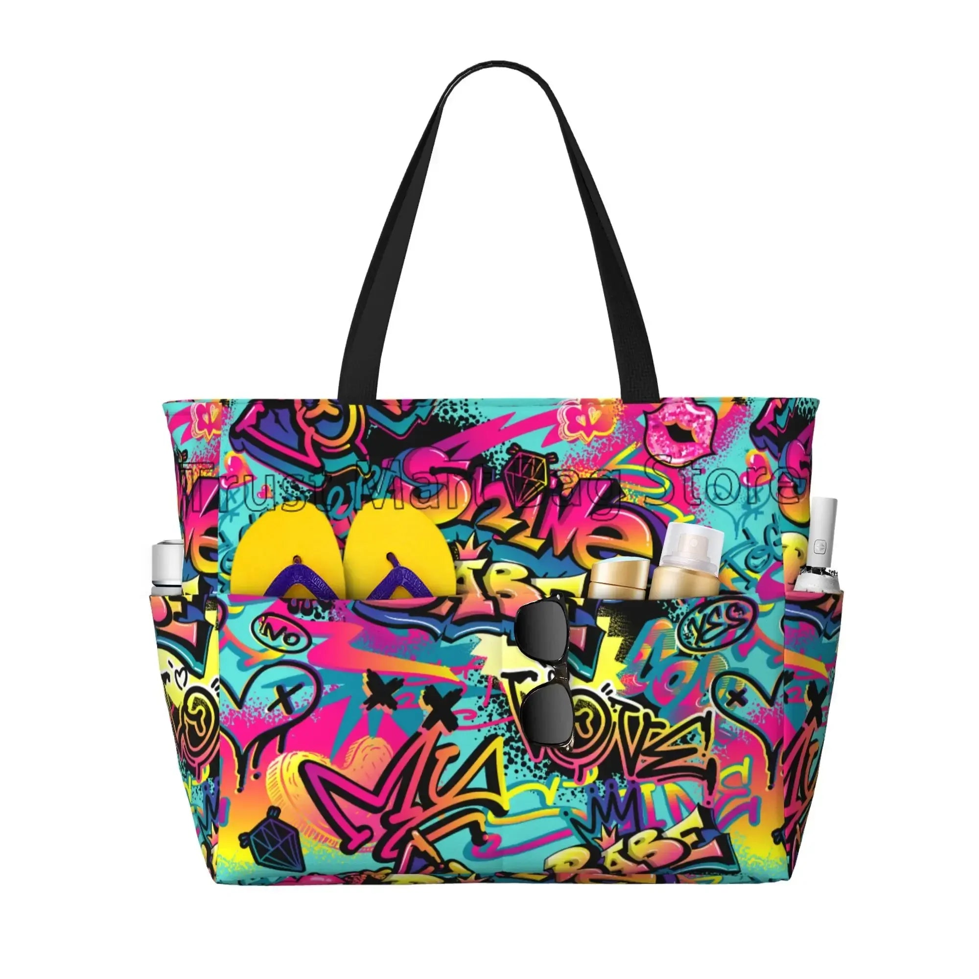 Sac de Plage Tote Graffiti Imperméable - Grande Capacité Voyage Femme
