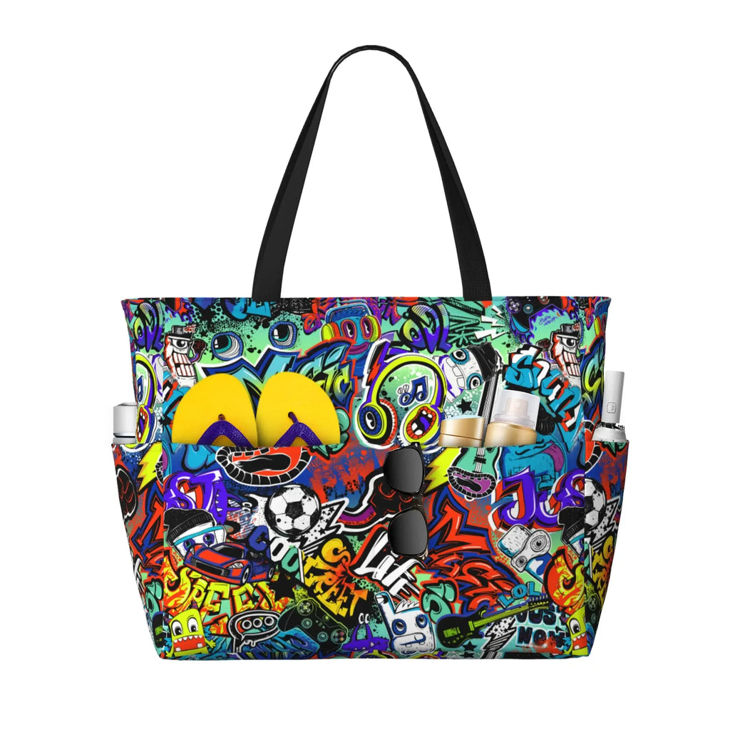 Sac de Plage Tote Graffiti Imperméable - Grande Capacité Voyage Femme