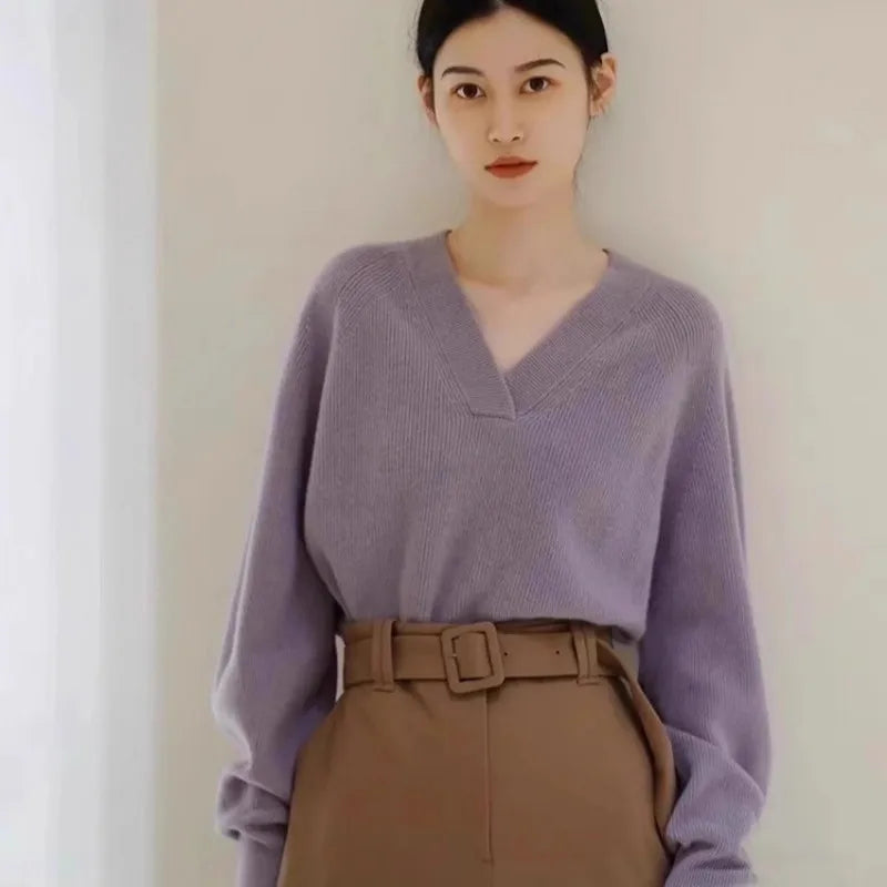 Jersey de pico 100% cachemir para mujer — Corto, Holgado, de punto, Otoño/Invierno