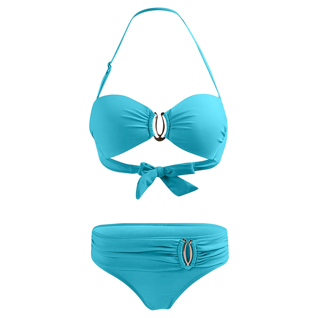 Bikini Femme Sexy Dos Nu Couleur Unie - Maillot de Bain Deux Pièces Col Halter Taille Basse Plage