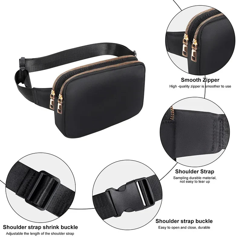 Sac Banane Femme Noir Imperméable — Ceinture / Poitrine / Bandoulière 18x12x4 cm