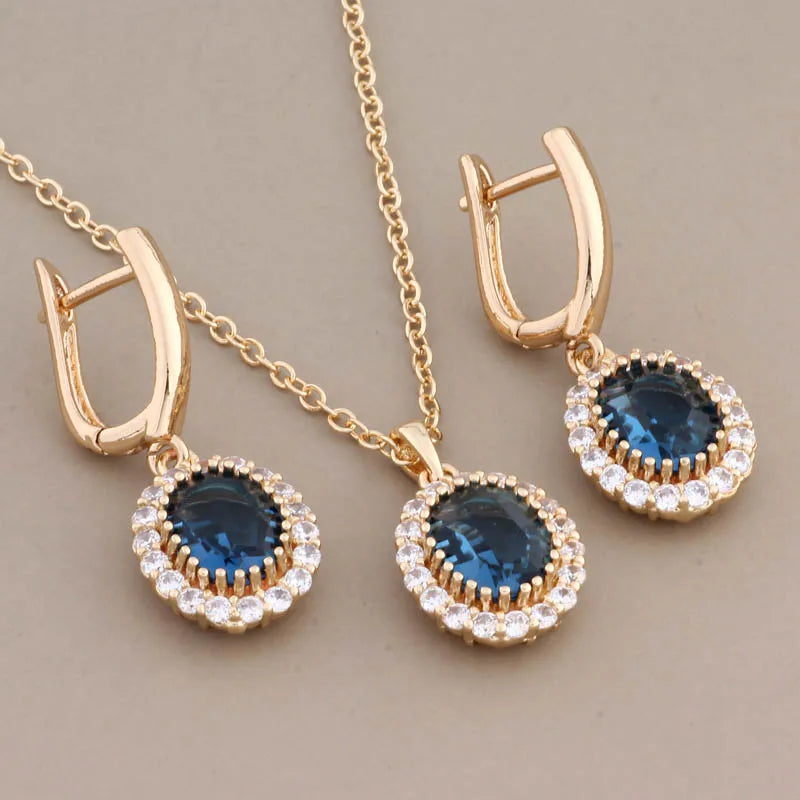 Women's Gold Zircon Jewelry Set — 45 cm Necklace + Vintage Wedding Earrings