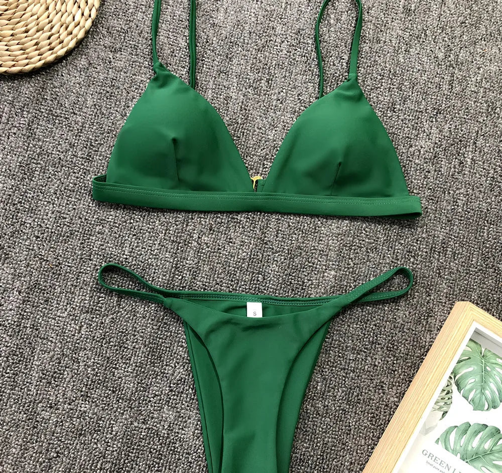 Bikini Femme Couleur Unie Deux Pièces - Maillot de Bain Taille Basse Ajustable