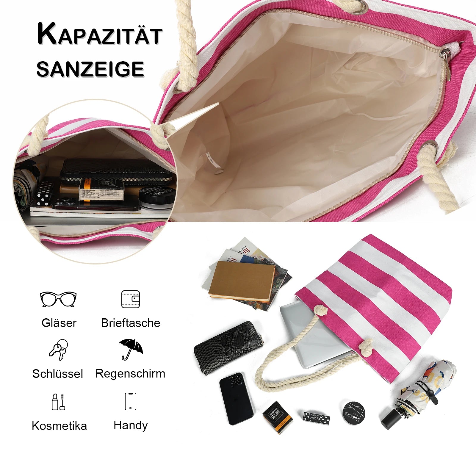 Sac de Plage Tote Canvas Rayé - Grande Capacité Épaule Shopping Femme