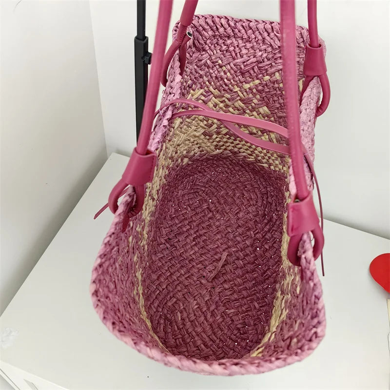 Sac de Plage Paille Tressé Main - Grande Capacité Dégradé Voyage Femme