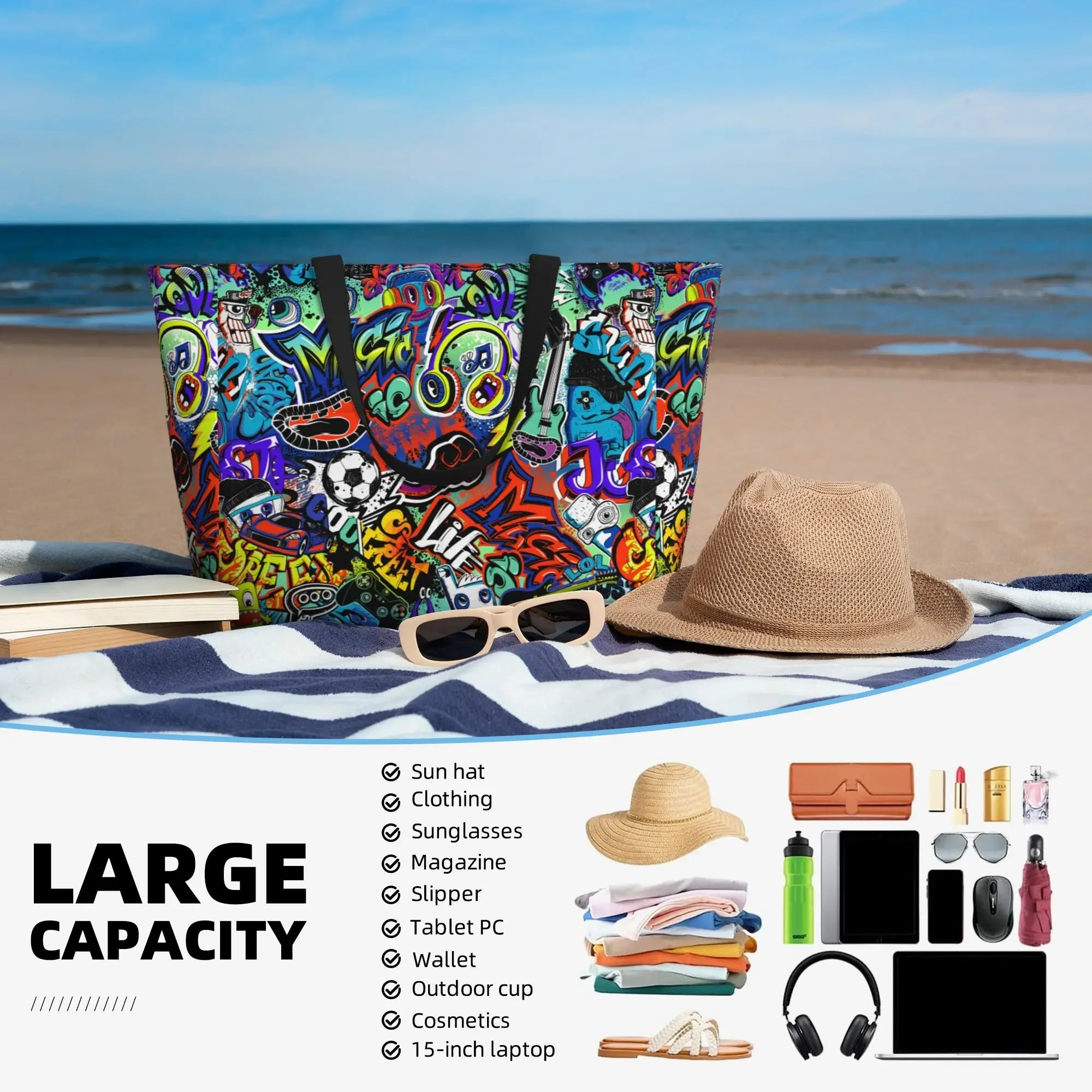 Sac de Plage Tote Graffiti Imperméable - Grande Capacité Voyage Femme