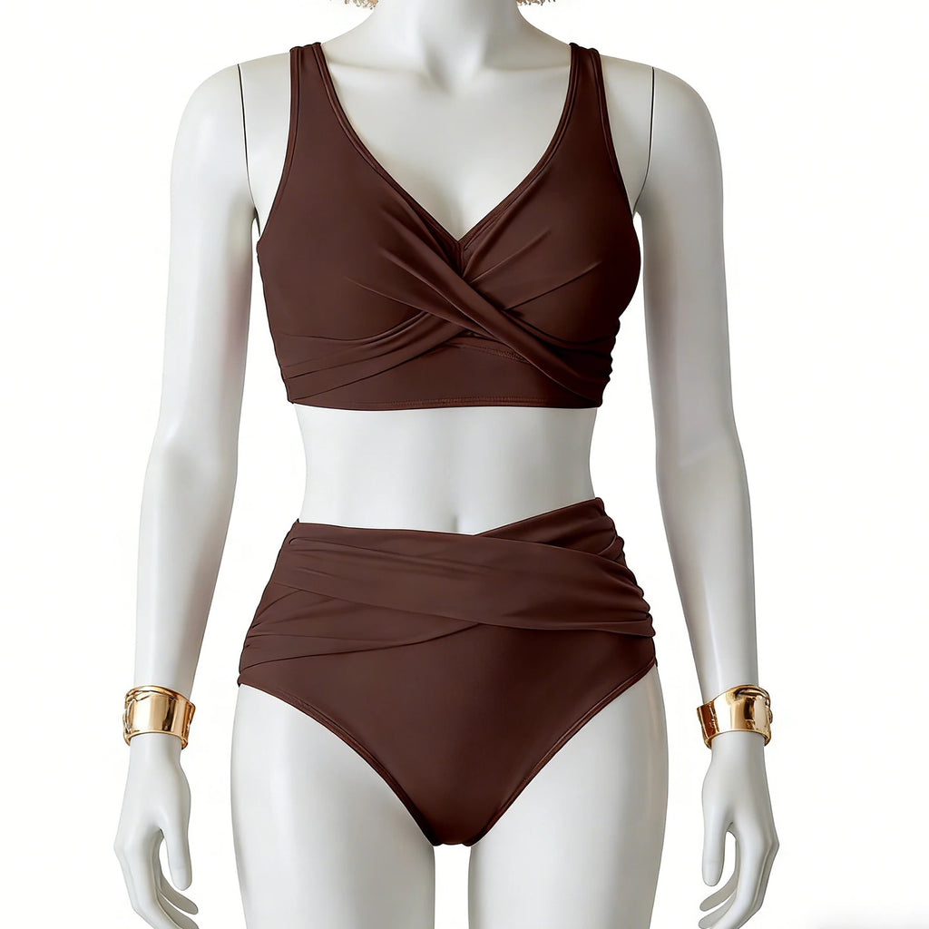 Bikini Femme Taille Haute Sexy Twist Front Froncé - Maillot de Bain Deux Pièces Amincissant Plage