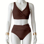 Bikini de mujer de talle alto, sexy, con detalle fruncido en la parte delantera y diseño retorcido - Traje de baño de playa de dos piezas que estiliza la figura.