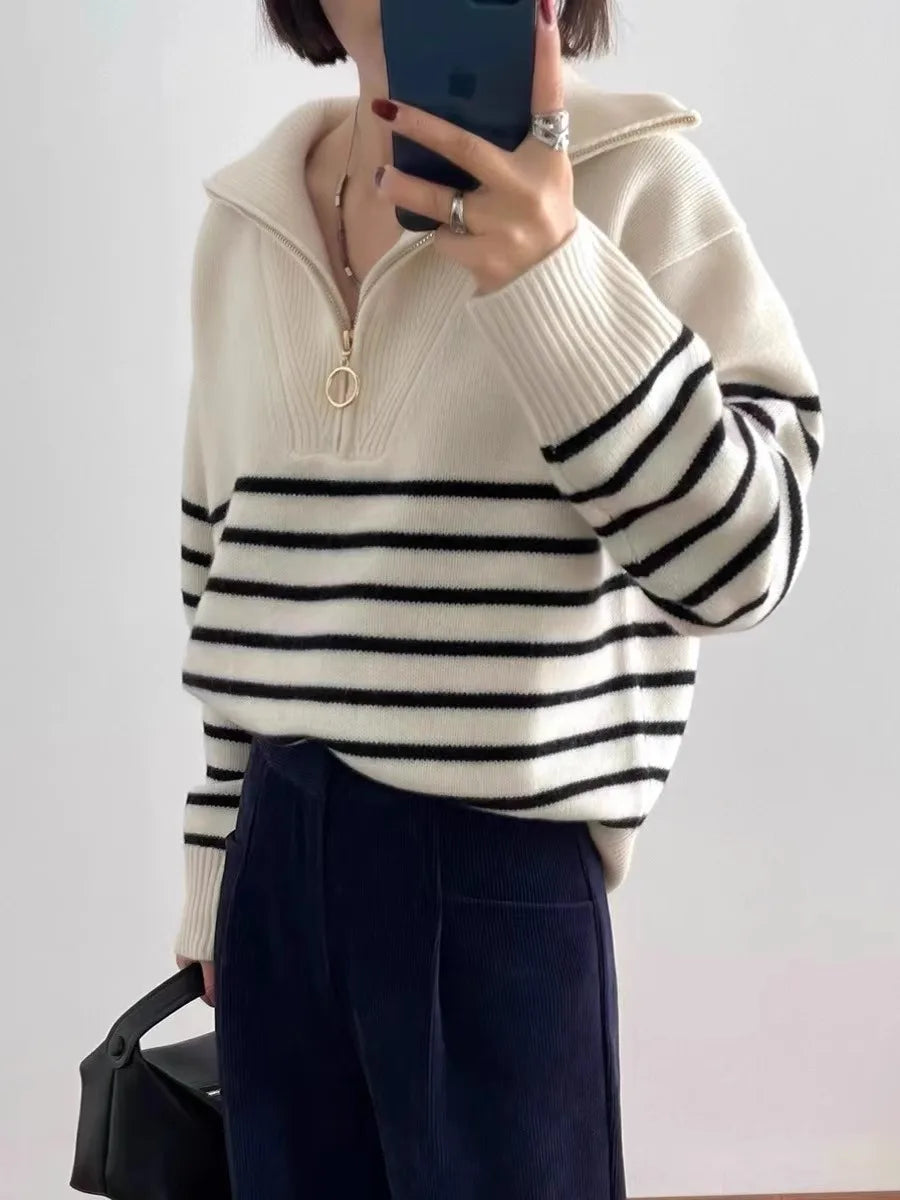 Women's Striped Cashmere Turtleneck Sweater — Zippered, Loose Fit, Autumn/Winter