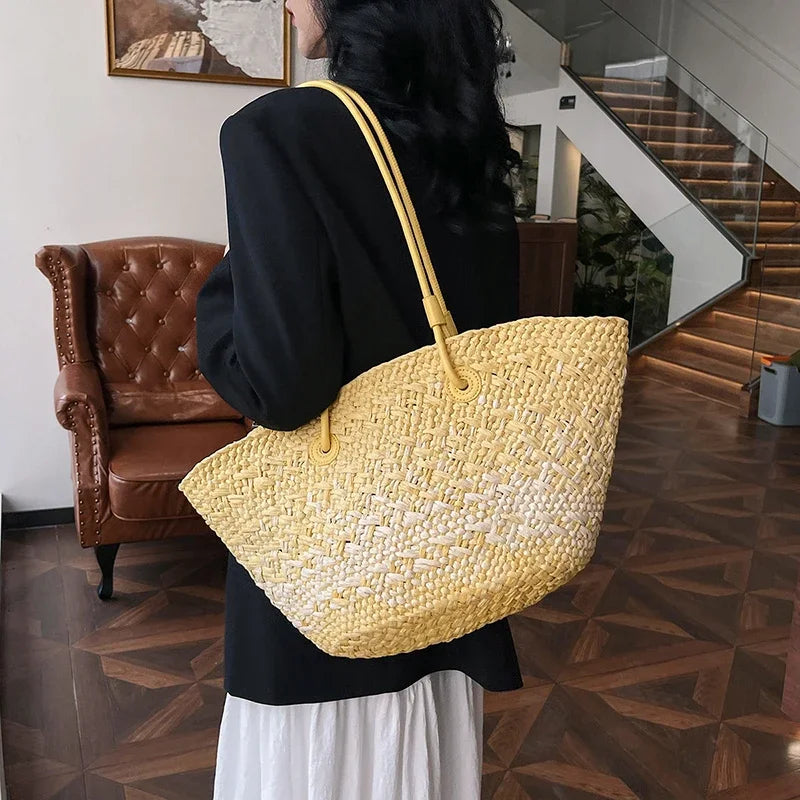 Sac de Plage Paille Tressé Main - Grande Capacité Dégradé Voyage Femme