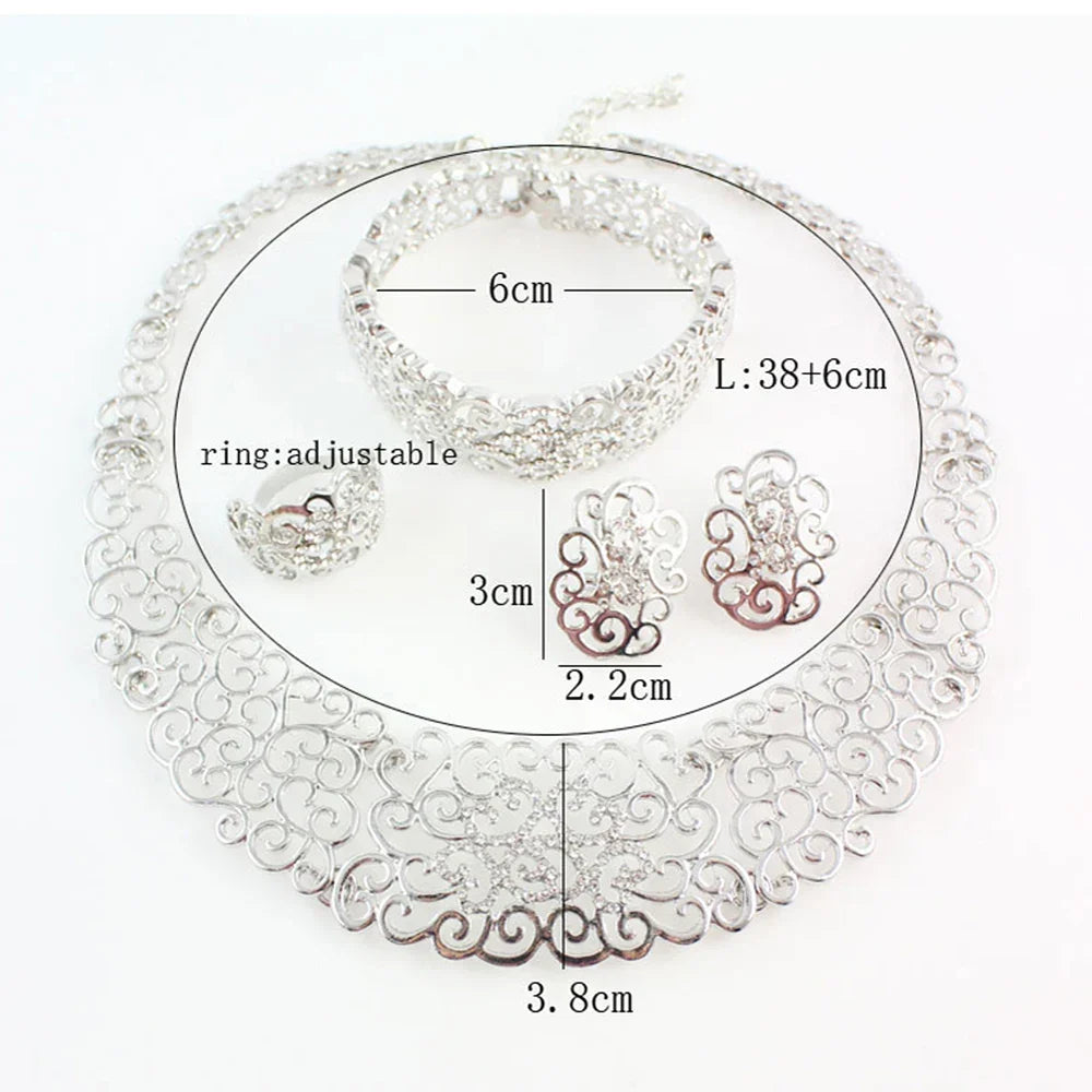 Women's Silver-Plated 4-Piece Jewelry Set — Necklace + Earrings + Ring + Bracelet with Crystals