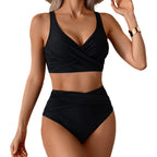 Bikini de mujer de talle alto, sexy, con detalle fruncido en la parte delantera y diseño retorcido - Traje de baño de playa de dos piezas que estiliza la figura.