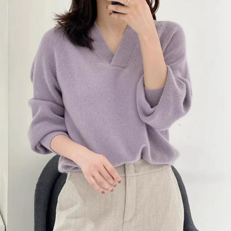 Jersey de pico 100% cachemir para mujer — Corto, Holgado, de punto, Otoño/Invierno