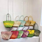 Hand-woven straw beach bag - Large capacity gradient travel bag for women