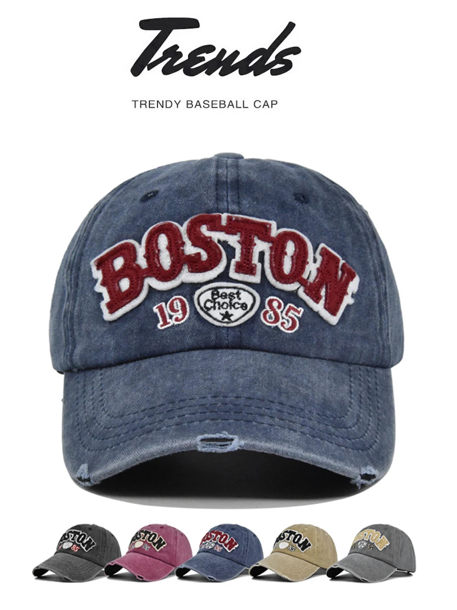 Casquette Baseball BOSTON Rétro Brodée - Chapeau Soleil Hip Hop Printemps Automne Ajustable