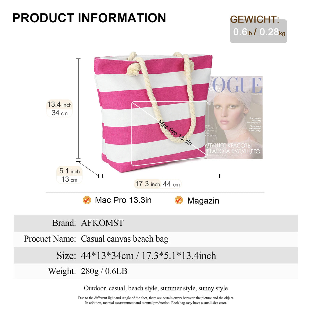 Sac de Plage Tote Canvas Rayé - Grande Capacité Épaule Shopping Femme