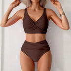 Bikini de mujer de talle alto, sexy, con detalle fruncido en la parte delantera y diseño retorcido - Traje de baño de playa de dos piezas que estiliza la figura.