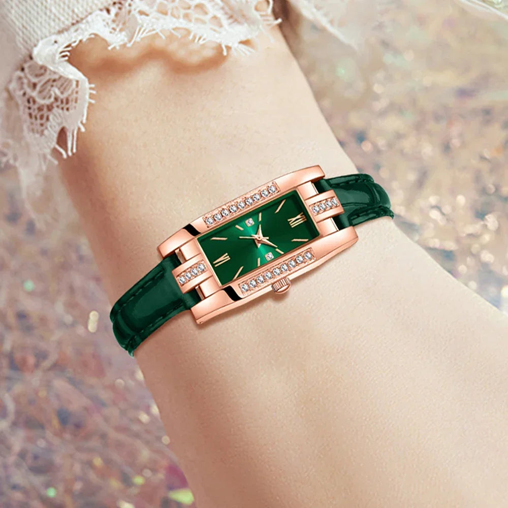 Coffret Bijoux Montre Femme Verte 9 Pièces — Montre Quartz Rectangulaire + Bracelet + Collier + Boucles d'Oreilles