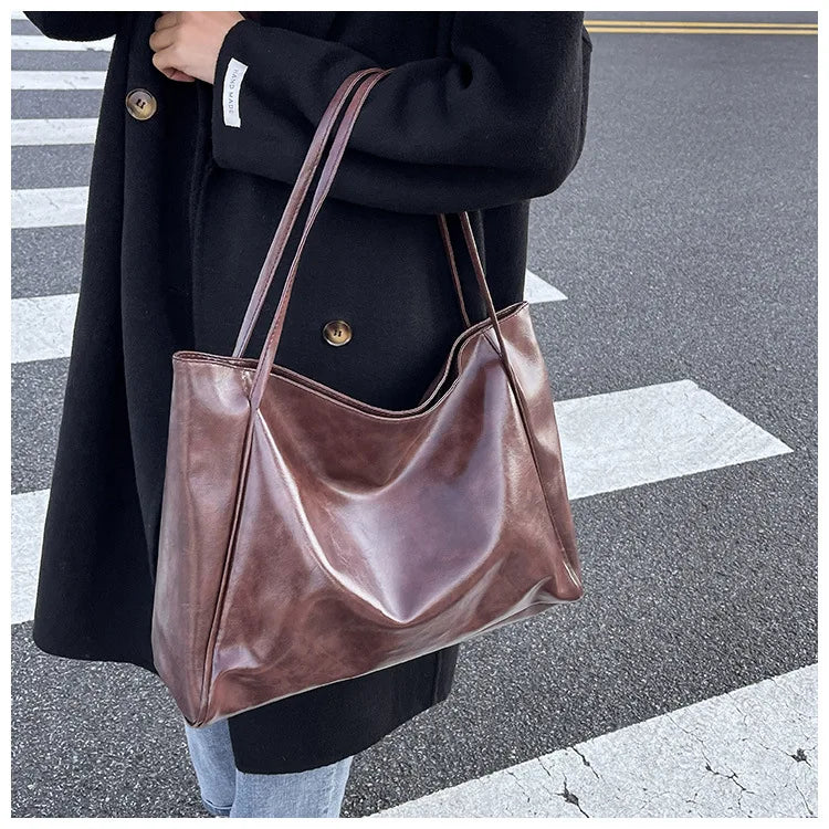 Sac Tote Femme Style Coréen Grande Capacité - Cuir Souple Épaule Rétro 2025