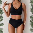Bikini de mujer de talle alto, sexy, con detalle fruncido en la parte delantera y diseño retorcido - Traje de baño de playa de dos piezas que estiliza la figura.