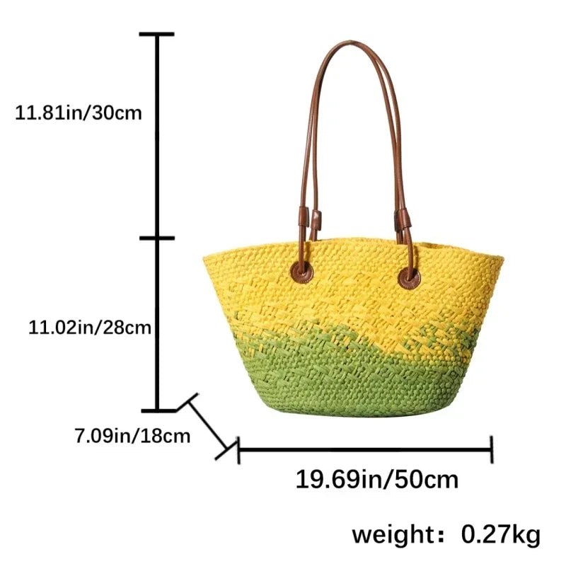 Sac de Plage Paille Tressé Main - Grande Capacité Dégradé Voyage Femme